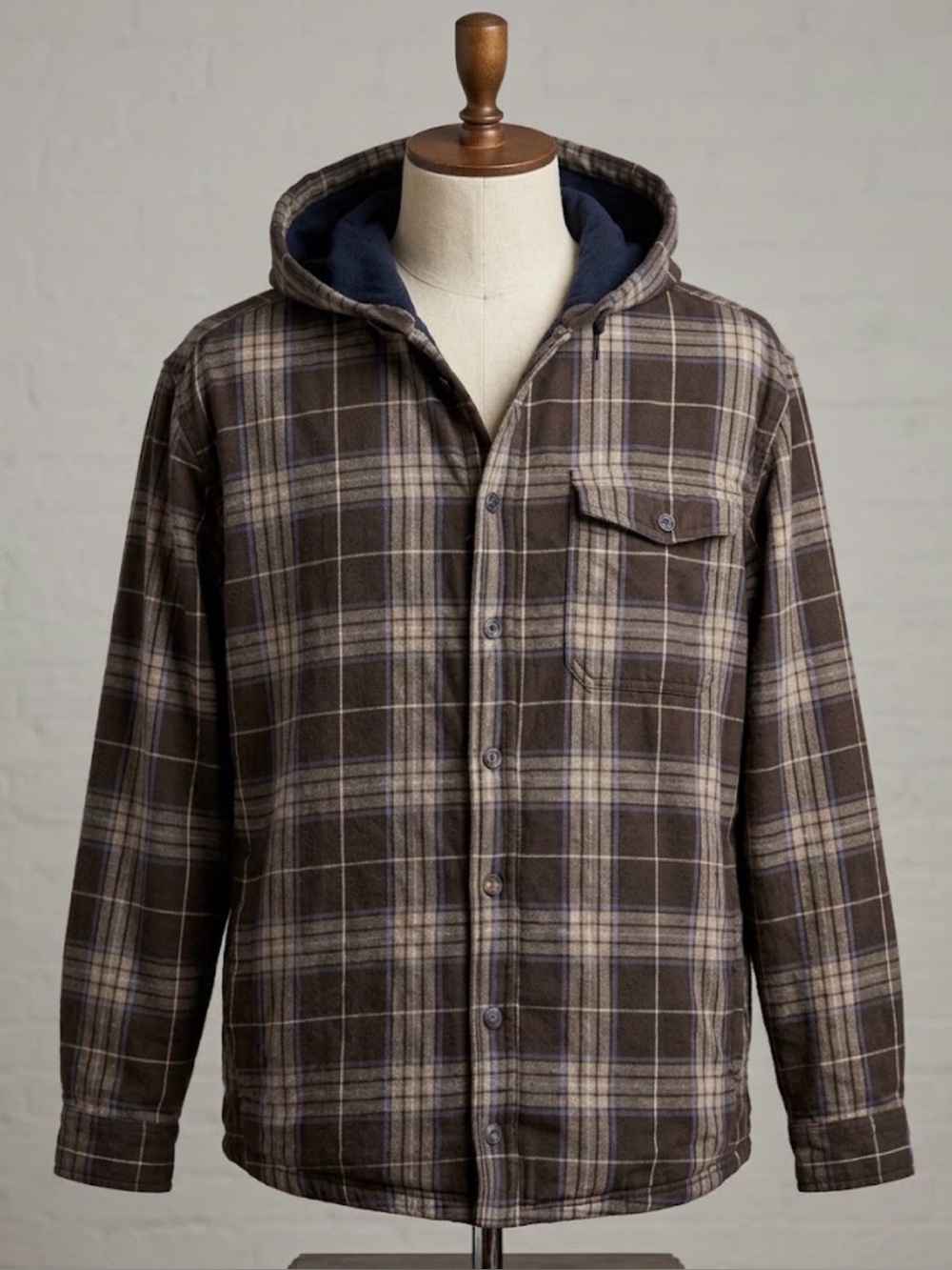 Noble Outfitters Flannel Jacket 2XL Brown Plaid Fleece Lined Hooded Shacket READ